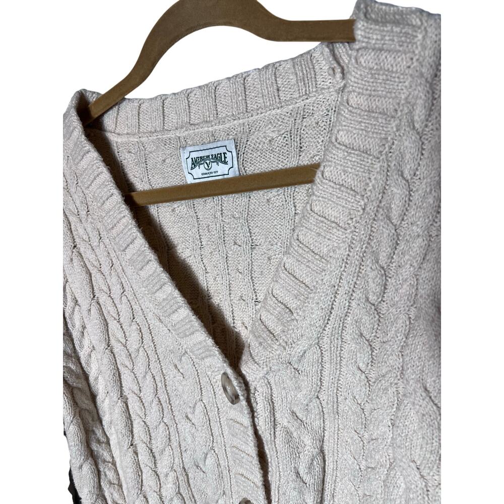 American Eagle Cable Knit Fisherman Cropped Y2K Cream Button Cardigan Sz Small - Picture 3 of 9